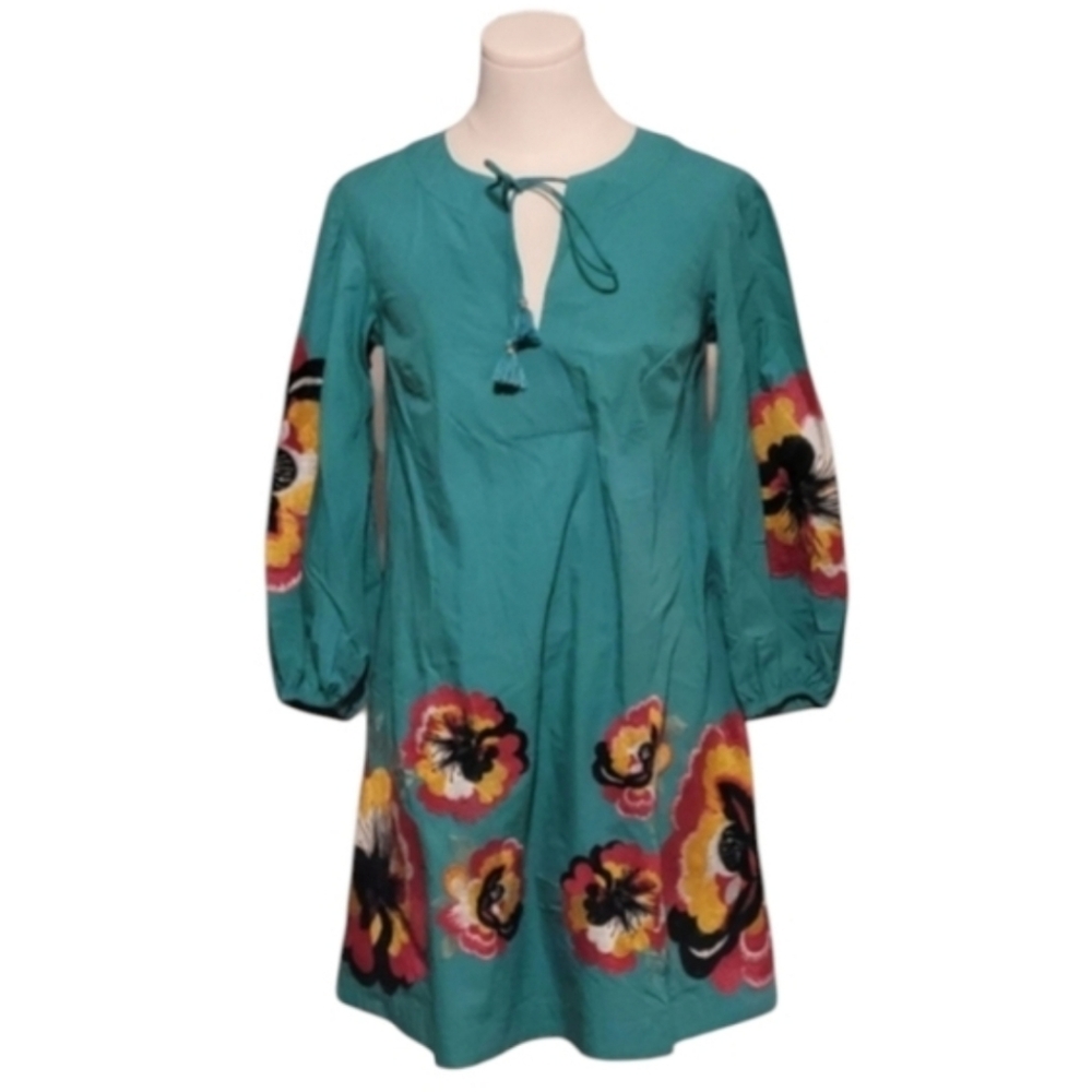 Anthropologie Teal Blue Tunic Dress With Embroidered Yellow Flowers Size XXS